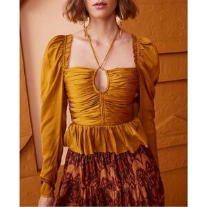 Ulla Johnson Mirelle Plissé Satin Peplum Blouse Size 10 NWT Goldenrod Yellow